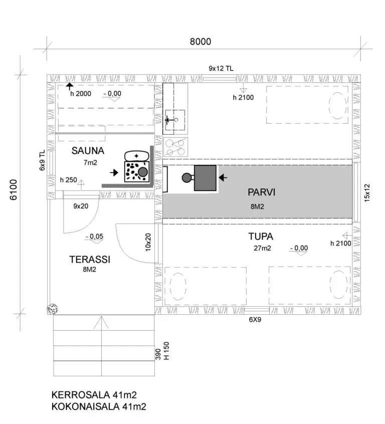 Hirsihuvila Honkalaen pohjapiirustus